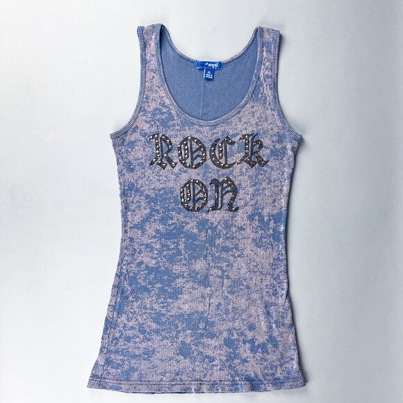 Vintage Tank Top | Y2K Ribbed Knit Tie Die Women's Tank Top w/ 'Rock On' Graphic - Picture 1 of 5